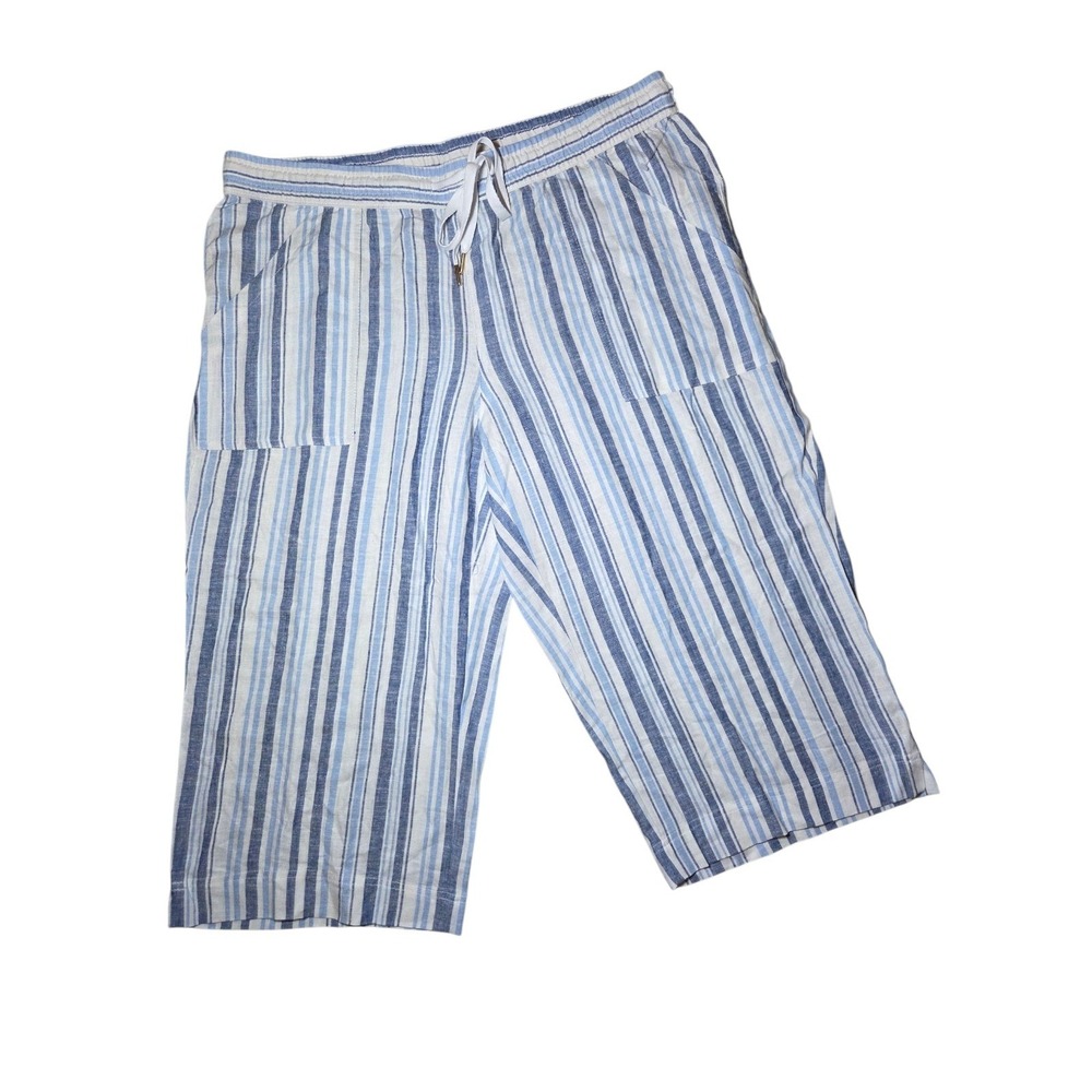Land N Sea Linen‎ Blend Striped Blue White Cropped Wide Leg Beachy Pants 2X NWOT